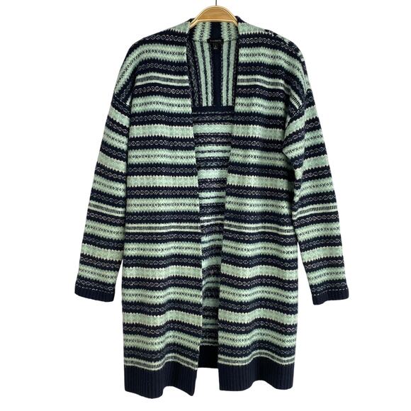 Talbots Fair Isle Long Cardigan Sweater Women S Blue Green Striped Open Front - Picture 1 of 10